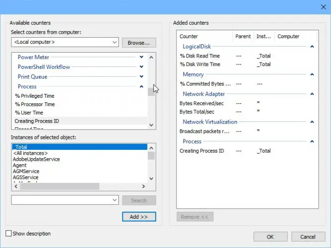 Add performance counters of your choice