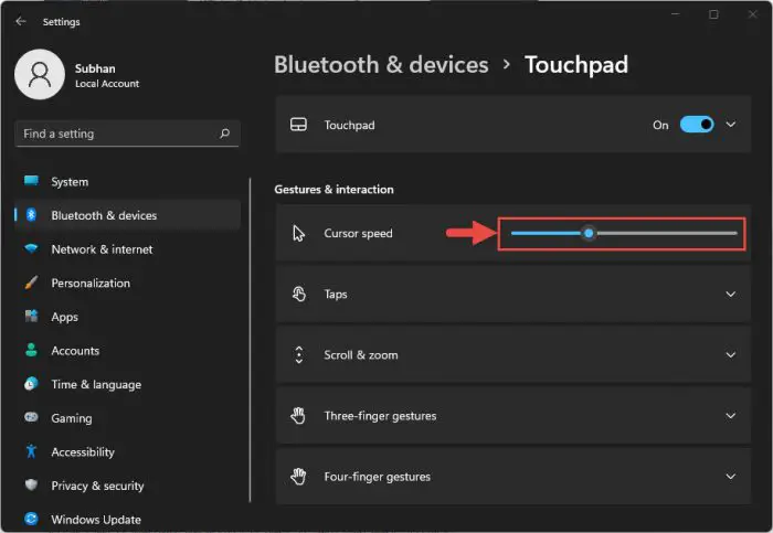 Adjust touchpad cursor speed