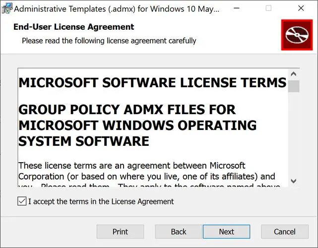 admx templates for Windows 10 Version 2004 accept license agreement