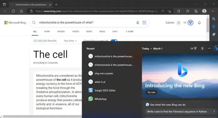AI powered search results opening in Edge