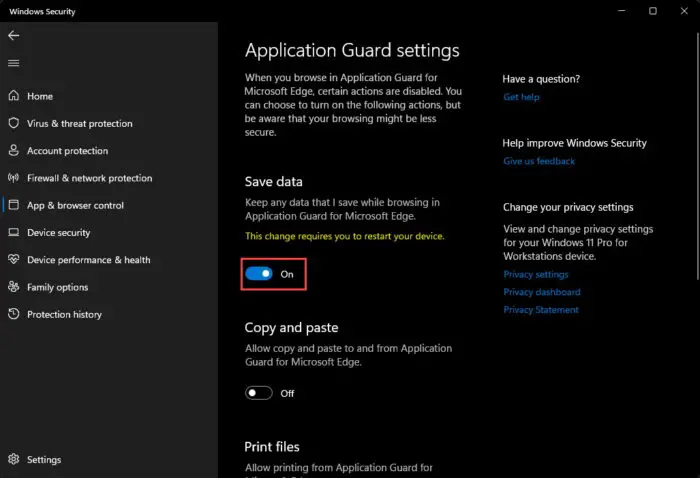 Allow changes to Application Guard settings