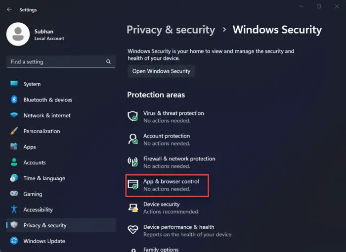 App and browser control in Windows Security