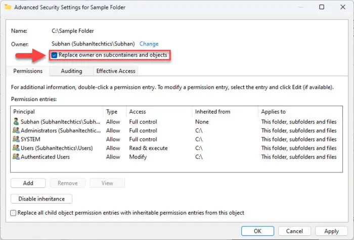 Apply ownership change on subcontainers and objects