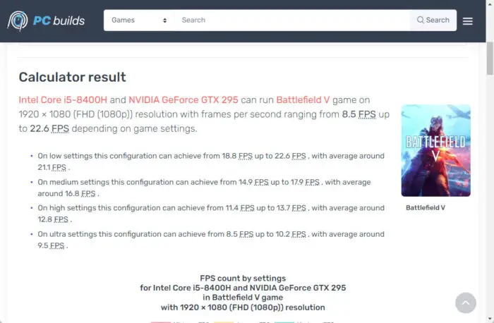 Bottleneck Calculator FPS calculation results