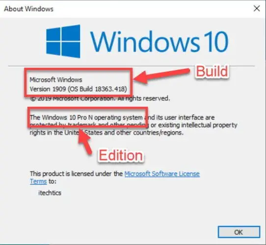 Build and Edition of Windows Winver