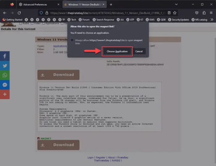 Choose app to open magnet link in Firefox