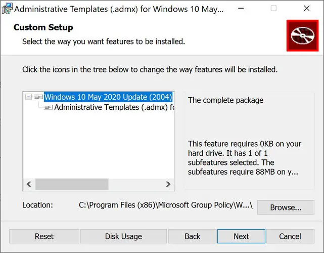 choose install location to install admx templates for Windows 10 Version 2004