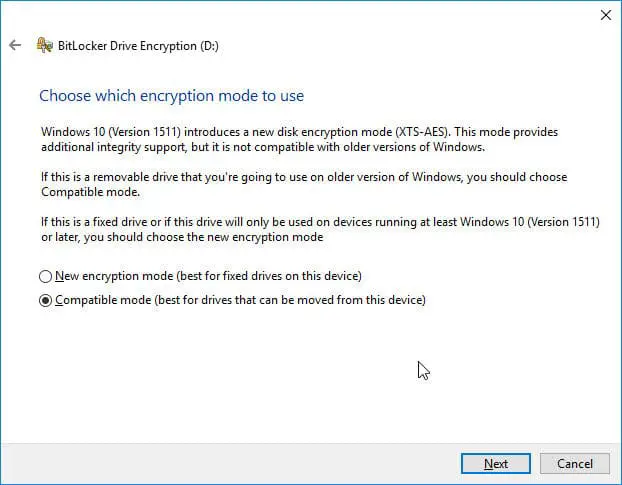 Choose the encryption mode to use
