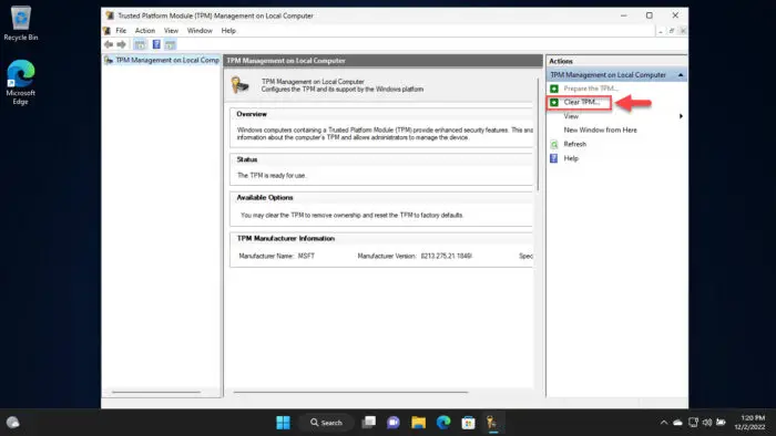 Clear TPM from Management Console