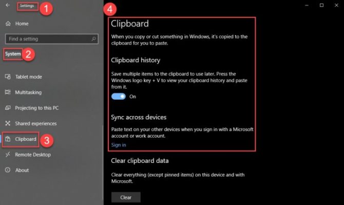 Clipboard settings Windows 10 Version 1809