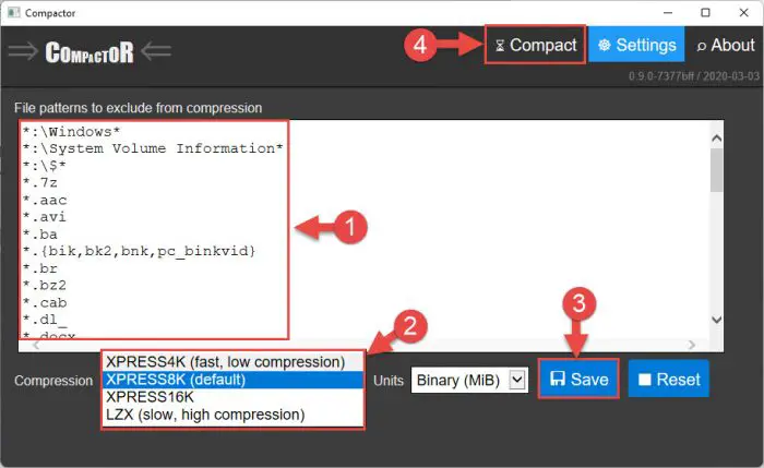 Set compression settings using Compact