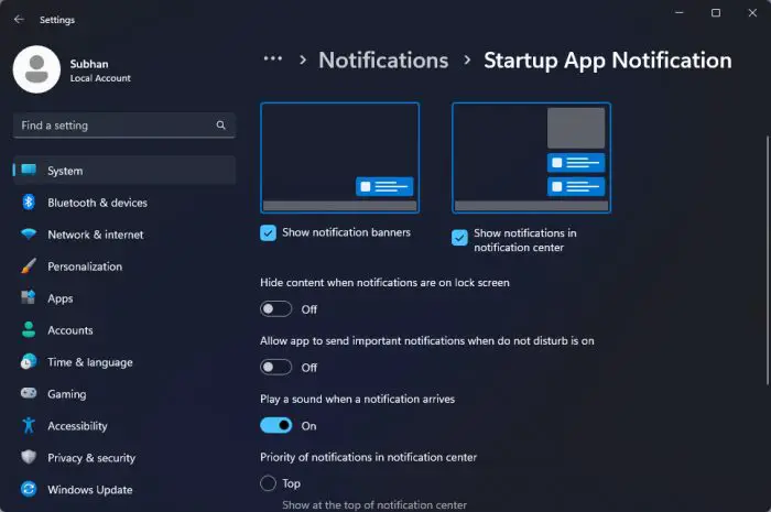 Customize settings for Startup App Notifications