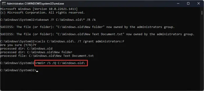 Delete the Windows old folder from Command Prompt