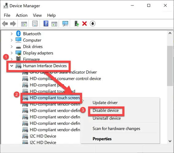 Disable HID compliant touch screen from Device Manager
