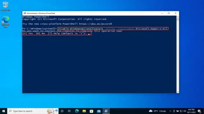 Disable Hyper V from Windows PowerShell 1