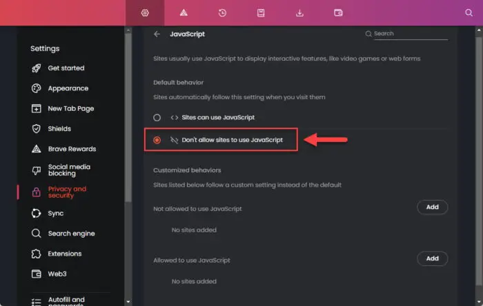 Disable JavaScript in Brave