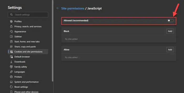 Disable JavaScript in Edge