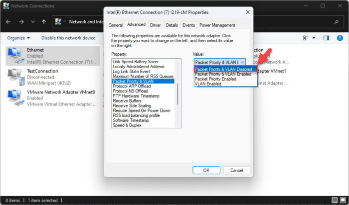 Disable packet priority and VLAN