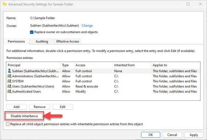 Disable permission inheritance from parent directory