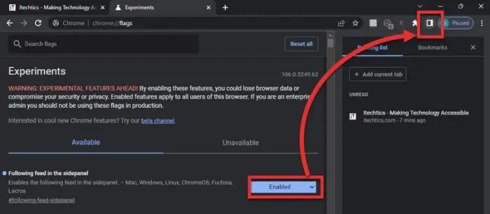 Enable feed in sidepanel Chrome 106