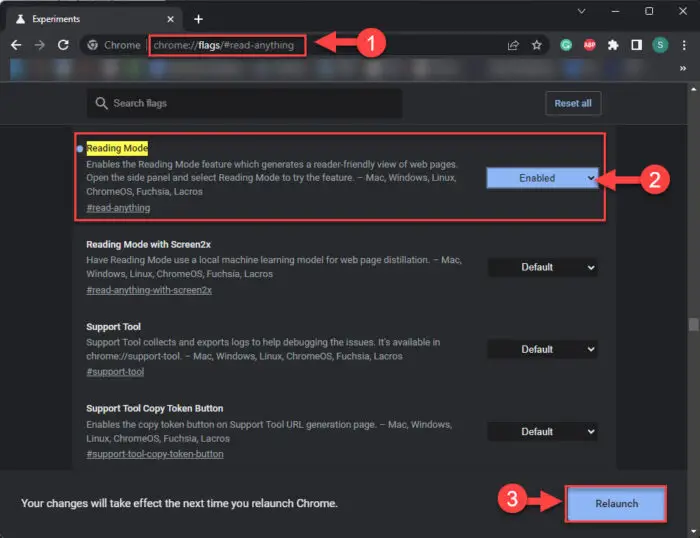 Enable reading mode from Chrome flags