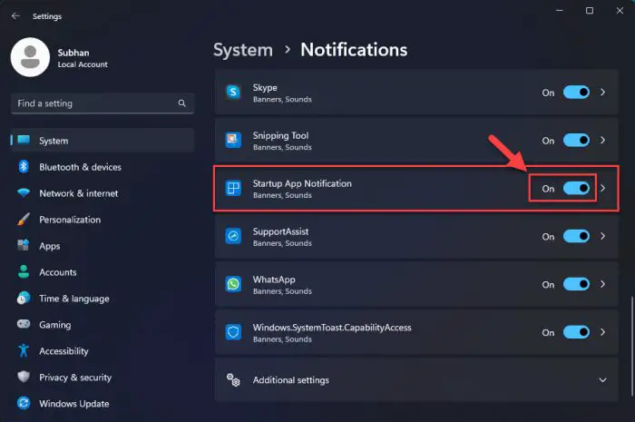 Enable Startup App Notification