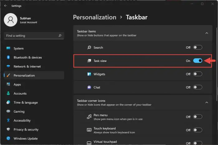 Enable Task View button