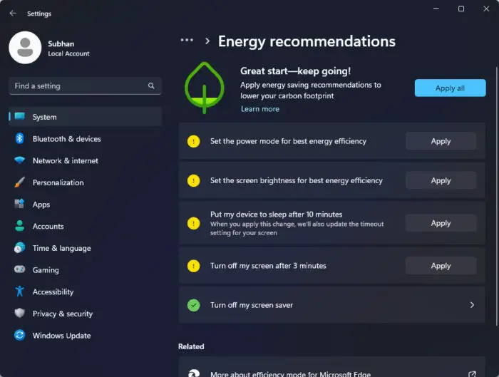 Energy recommendations