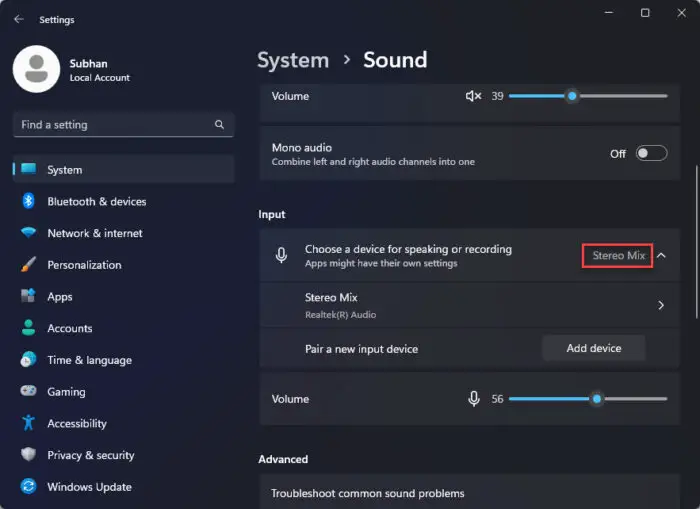 Ensure Stereo Mix is the input device 1