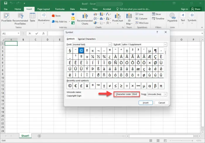 Enter Character Code excel