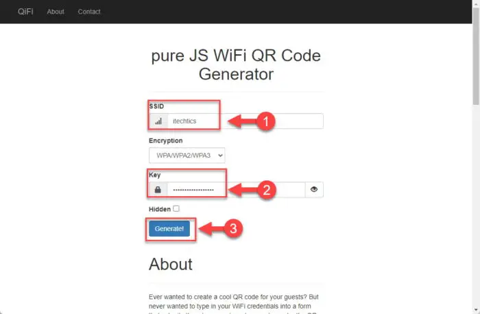 Enter wi fi network details and generate QR code