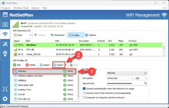 Export a wireless network profile using NetSetMan