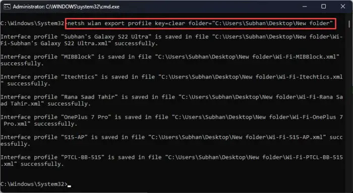 Export all wireless network profiles using Command Prompt