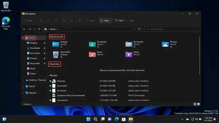 File Explorer home page
