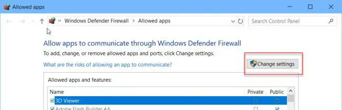 Firewall change settings