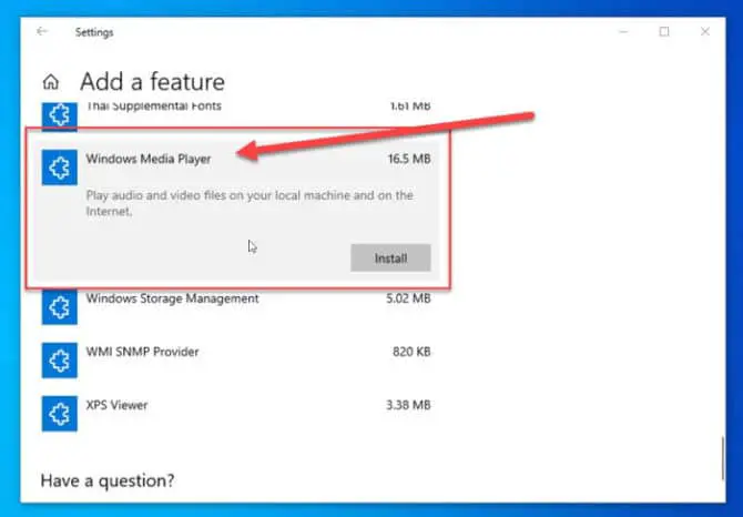 Install Windows Media Player from optional features in Windows 10