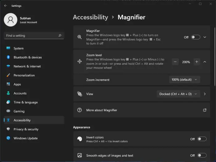 Magnifier accessibility page