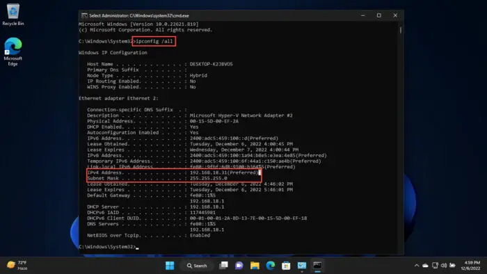 Note own IP address and subnet