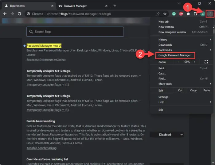 Open Google Password Manager from overflow menu in Chrome 114