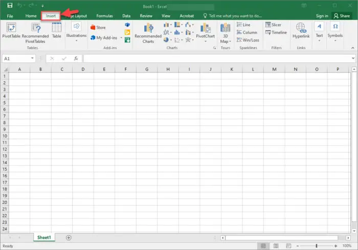 Open Insert tab excel