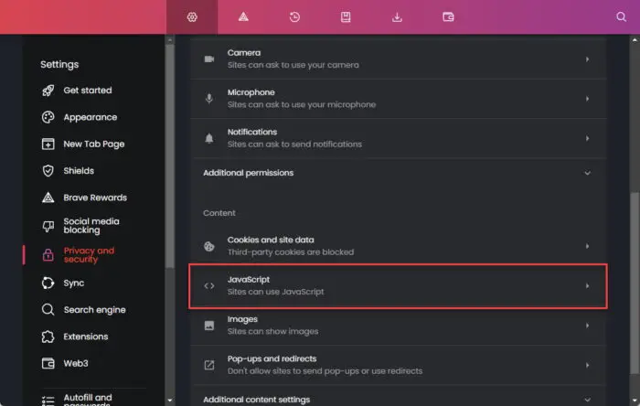 Open JavaScript settings in Brave