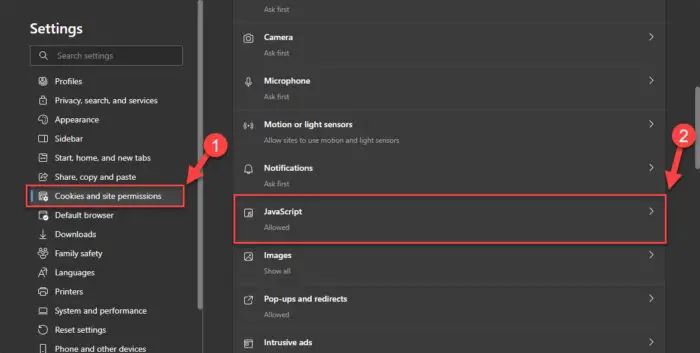 Open JavaScript settings in Edge