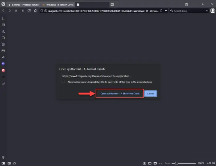 Open magnet link in torrent client from Vivaldi