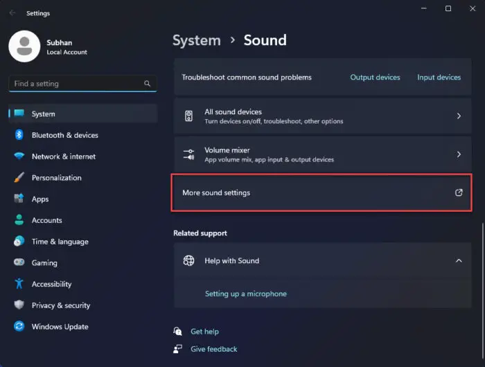 Open more sound settings Sound applet