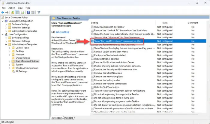 Open policy settings for Run as different user in Start menu