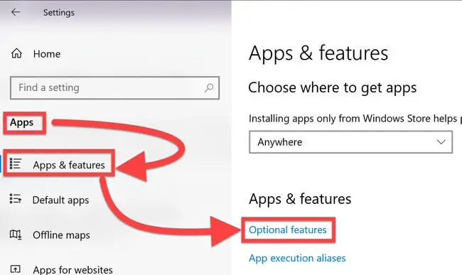 Optional features under Apps Features