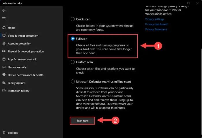 Perform full scan with Windows Security