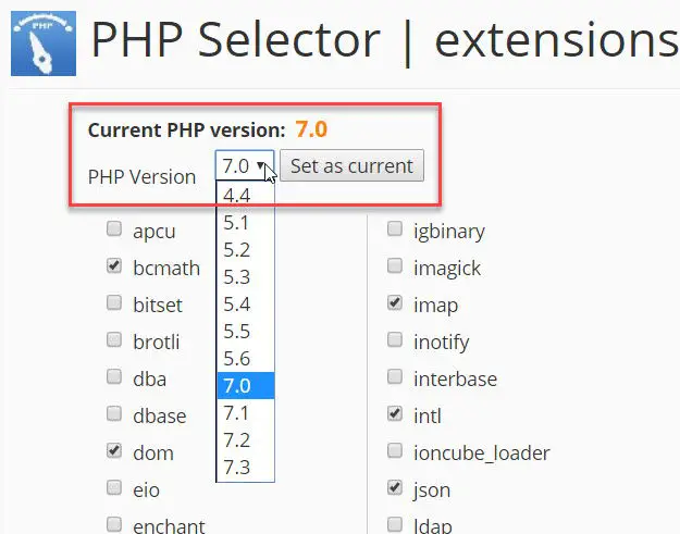 PHP version selector