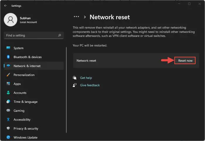 Reset network settings