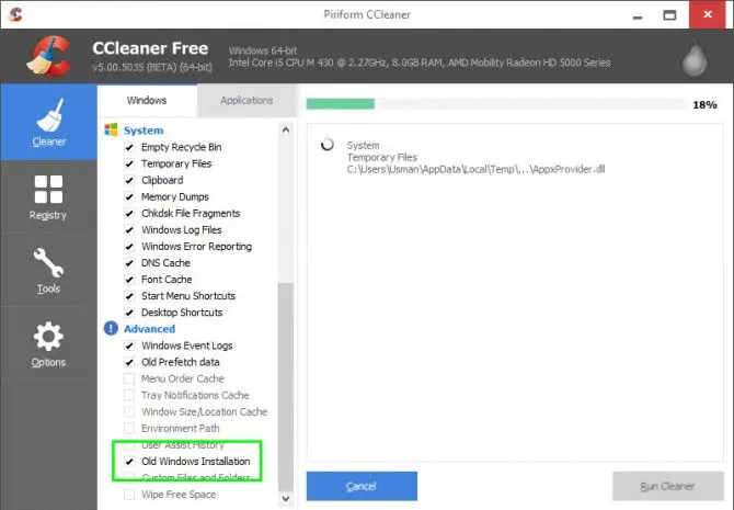 Running old Windows Installation cleanup using CCleaner